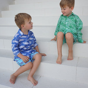 Childrens blue vacation outfit with egret print, Villa Coccoloba, Mustique