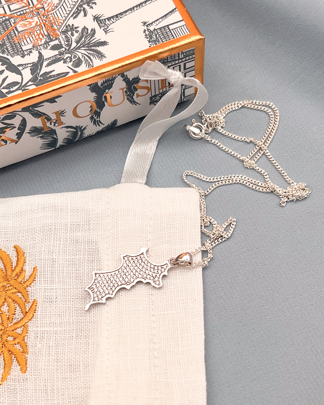 Sterling silver Mustique island pendant with clear zirconia crystals necklace Pink House Mustique gift packaging