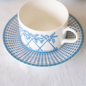 Pink House Home china coffee cup and saucer in Palms blue design by Lotty B