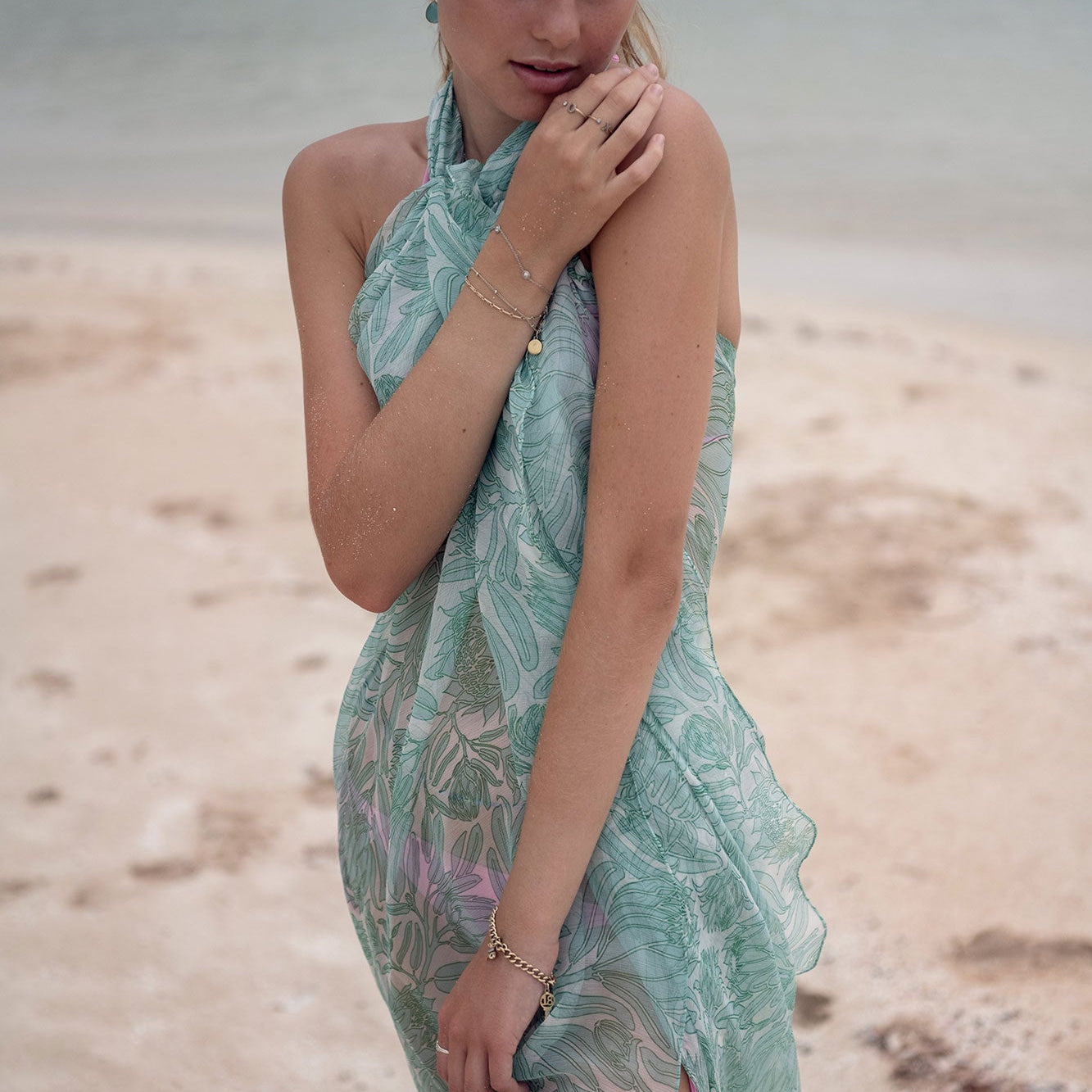 Ultra light-weight chiffon silk scarf in green & white Protea print by designer Lotty B Mustique