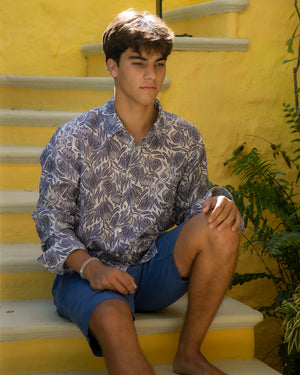 Floral print mens linen shirt perfect for both casual and evening wear, on holiday or at home.