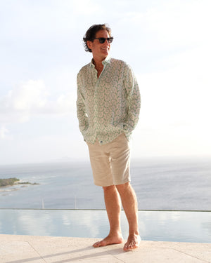 Caribbean island lifestyle Mens linen shirt in Fern green print by designer Lotty B