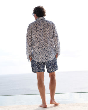 Poolside linen shirt in Fern Navy print by designer Lotty B