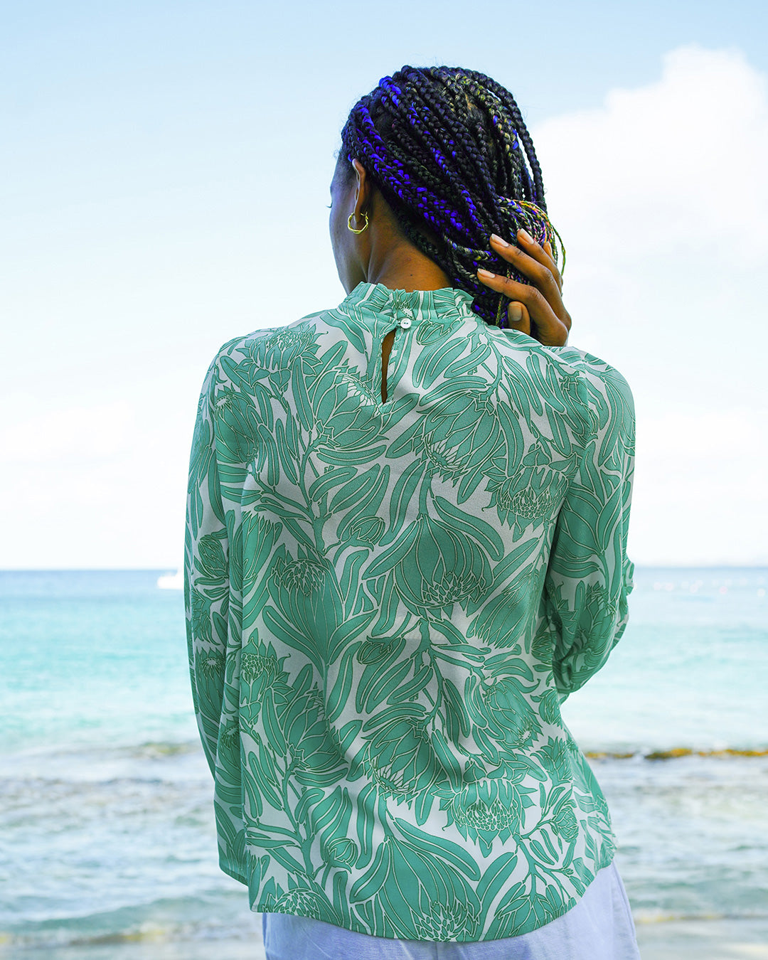 Floral pure silk Kelly blouse in Protea sage green and white by designer Lotty B for Pink House