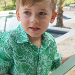 Boys linen holiday shirt in green floral Protea print