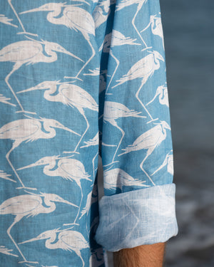 Good quality men's linen shirt Turquoise Blue Egret print by Pink House Mustique