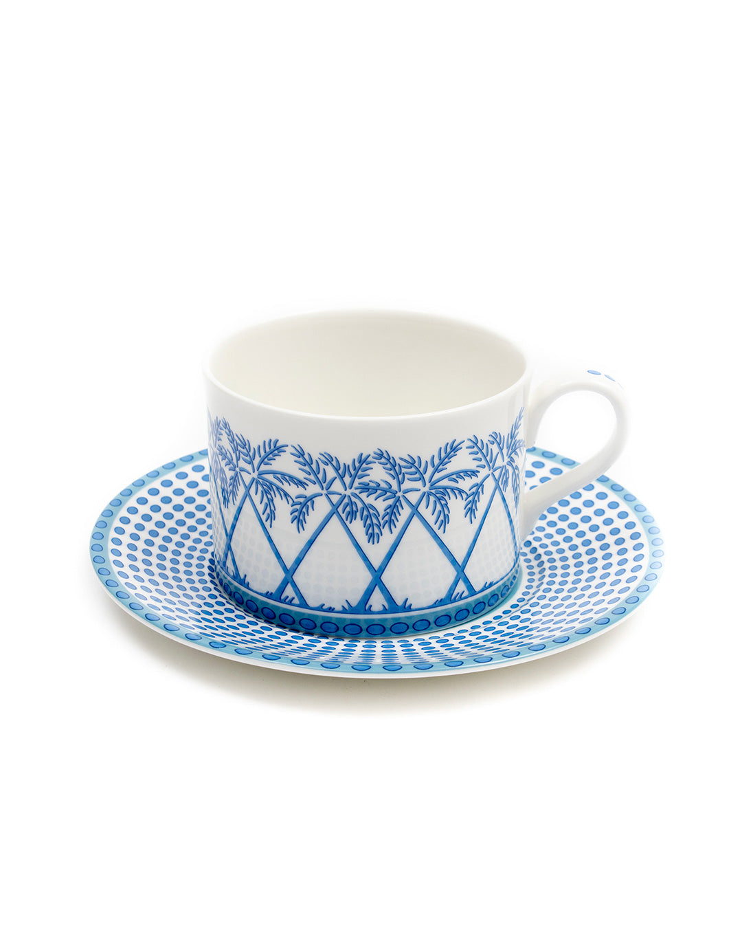 Fine bone china coffee cup and saucer in Palms Azure Blue design by Lotty B for Pink House Mustique.