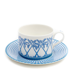 Fine bone china coffee cup and saucer in Palms blue design by Lotty B