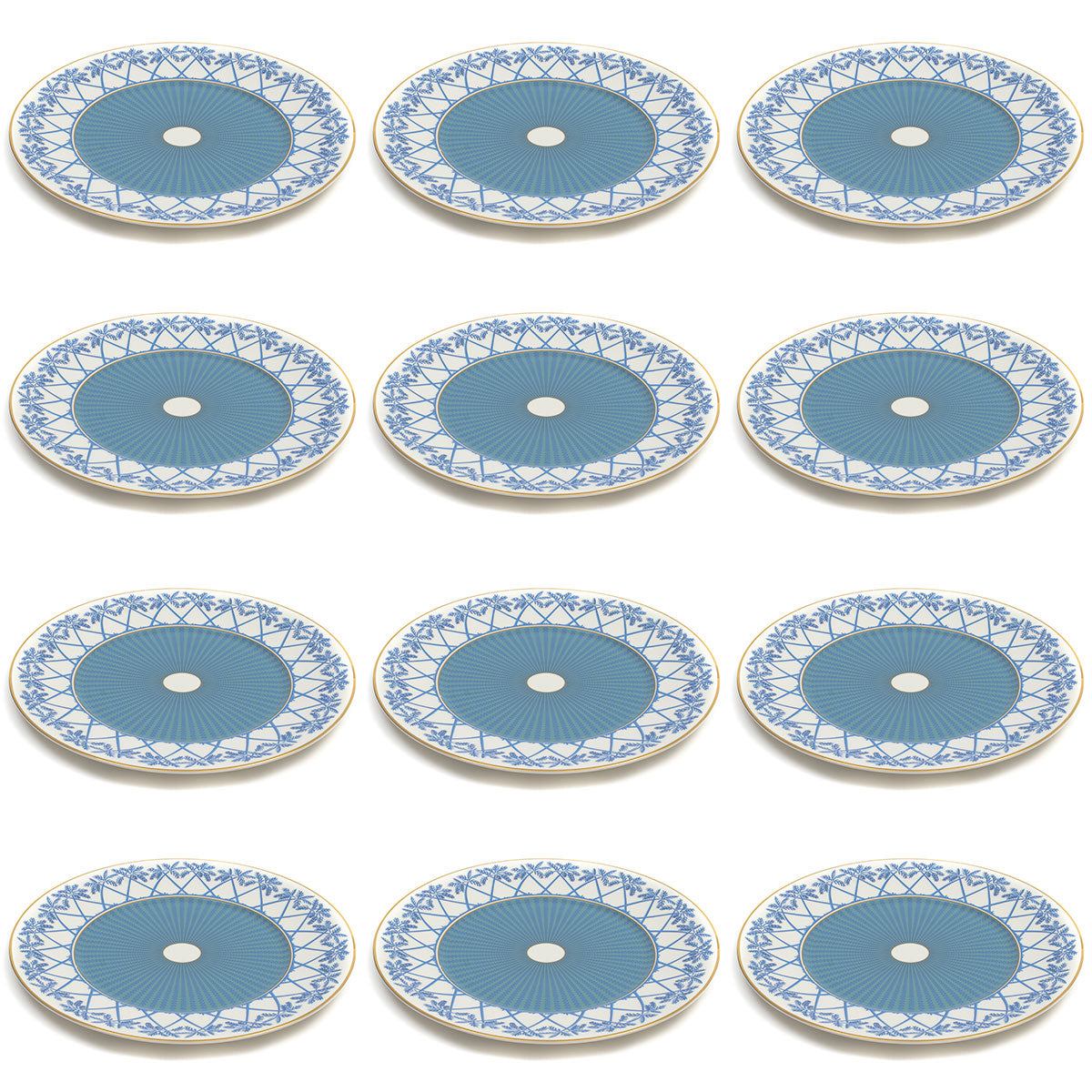 Fine Bone China decorative charger plate set (12 pieces) in Palms blue design by Lotty B