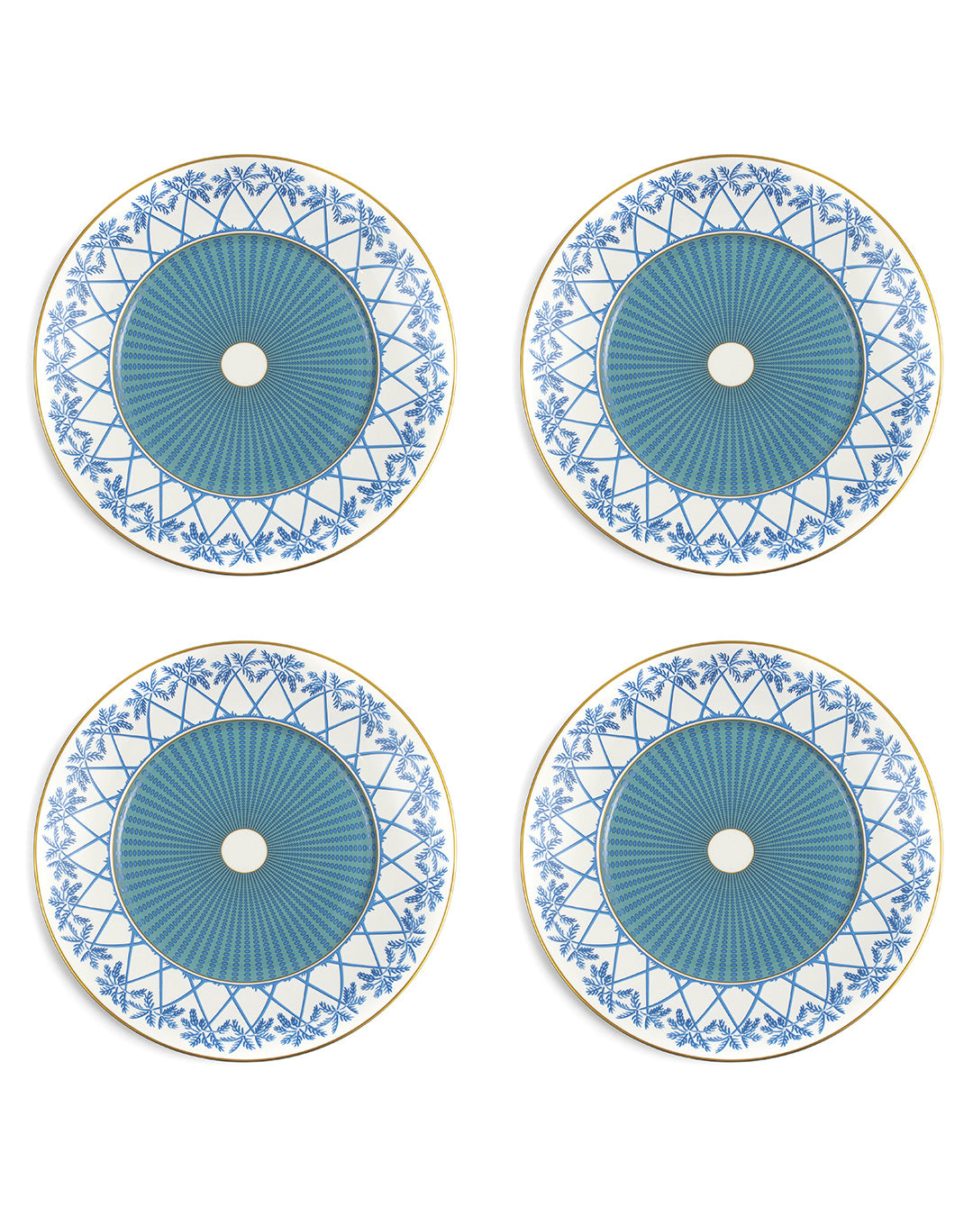 Set of 4 luxury fine bone china charger plates with gold rim in Palms Azure blue by Pink House Mustique, elegant Caribbean-inspired tableware.