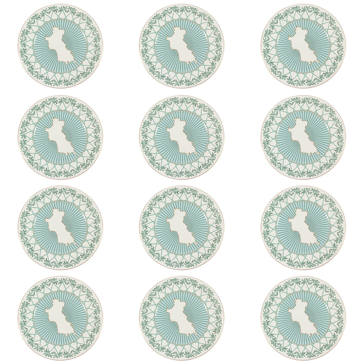 Fine Bone China decorative charger plate set (12 pieces) in Mustique Island green design by Lotty B
