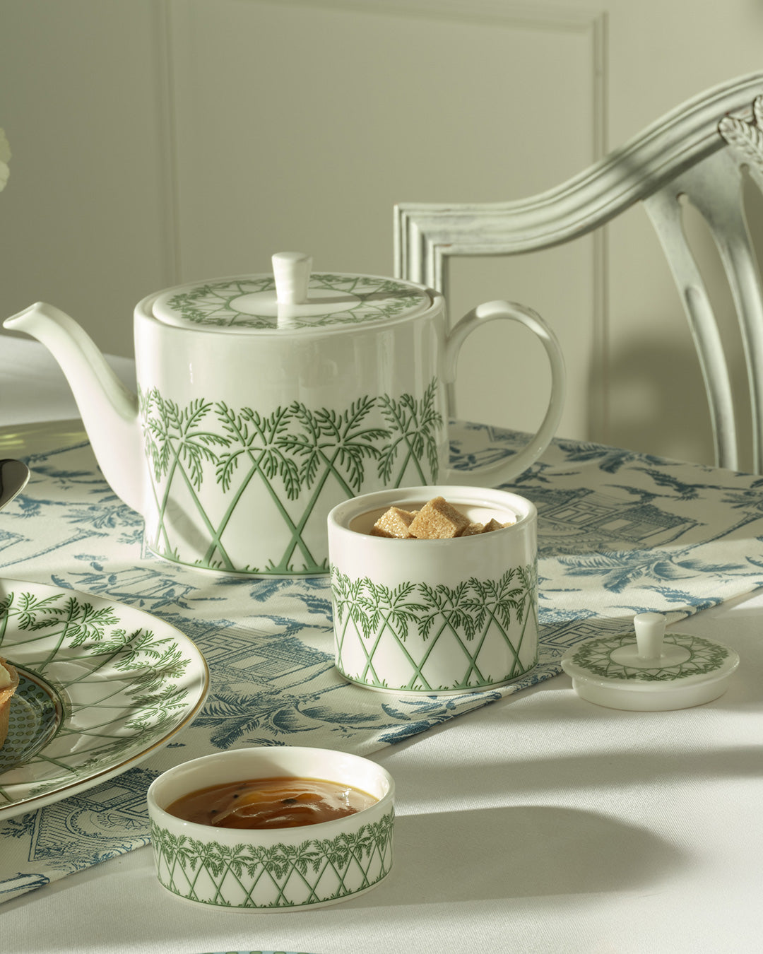 Fine bone china covered sugar pot with lid in Palms Sage Green design, elegant handmade tableware from Pink House Mustique