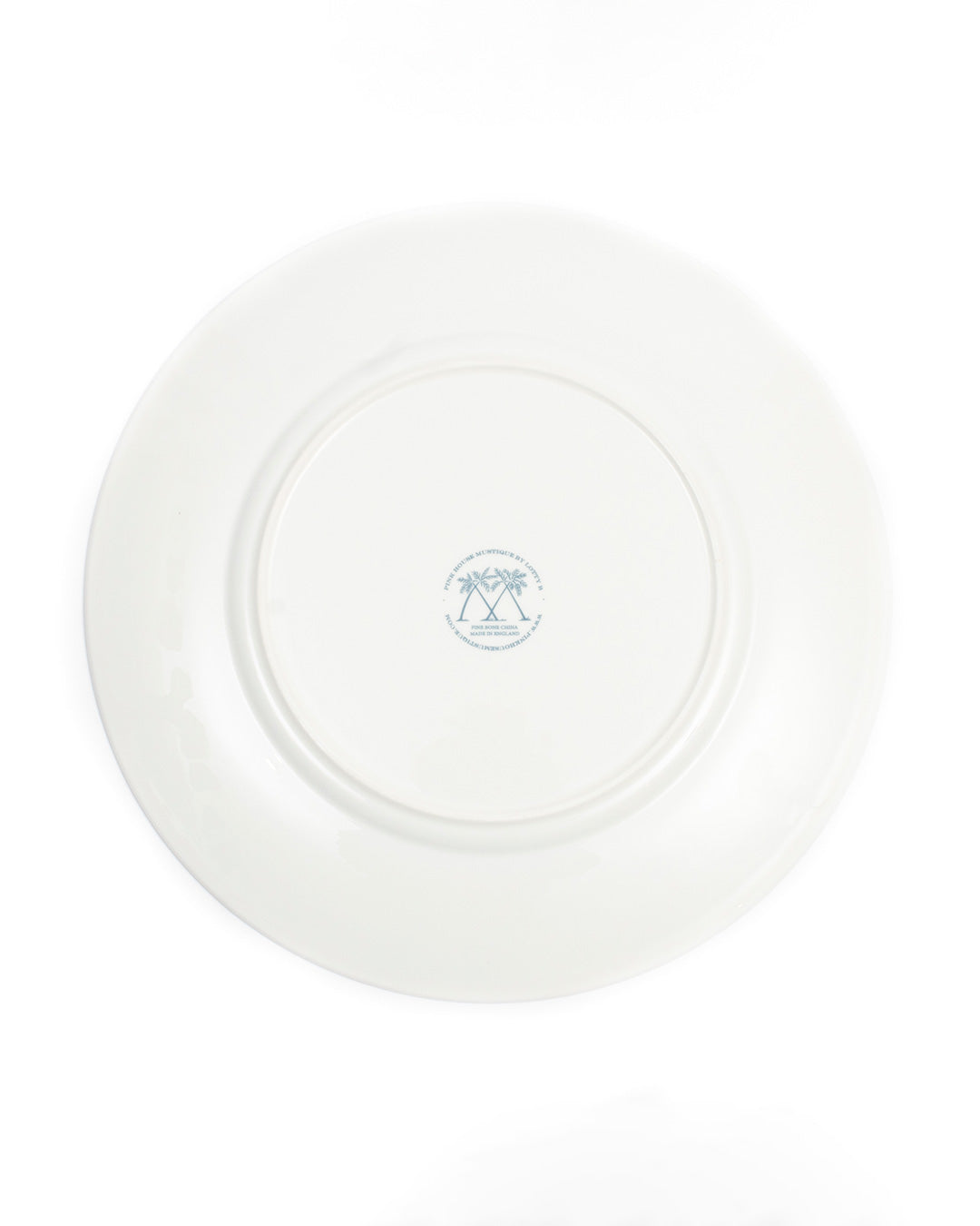 Backstamp branding Pink House fine bone china charger plate, Palms Azure blue design, made in England