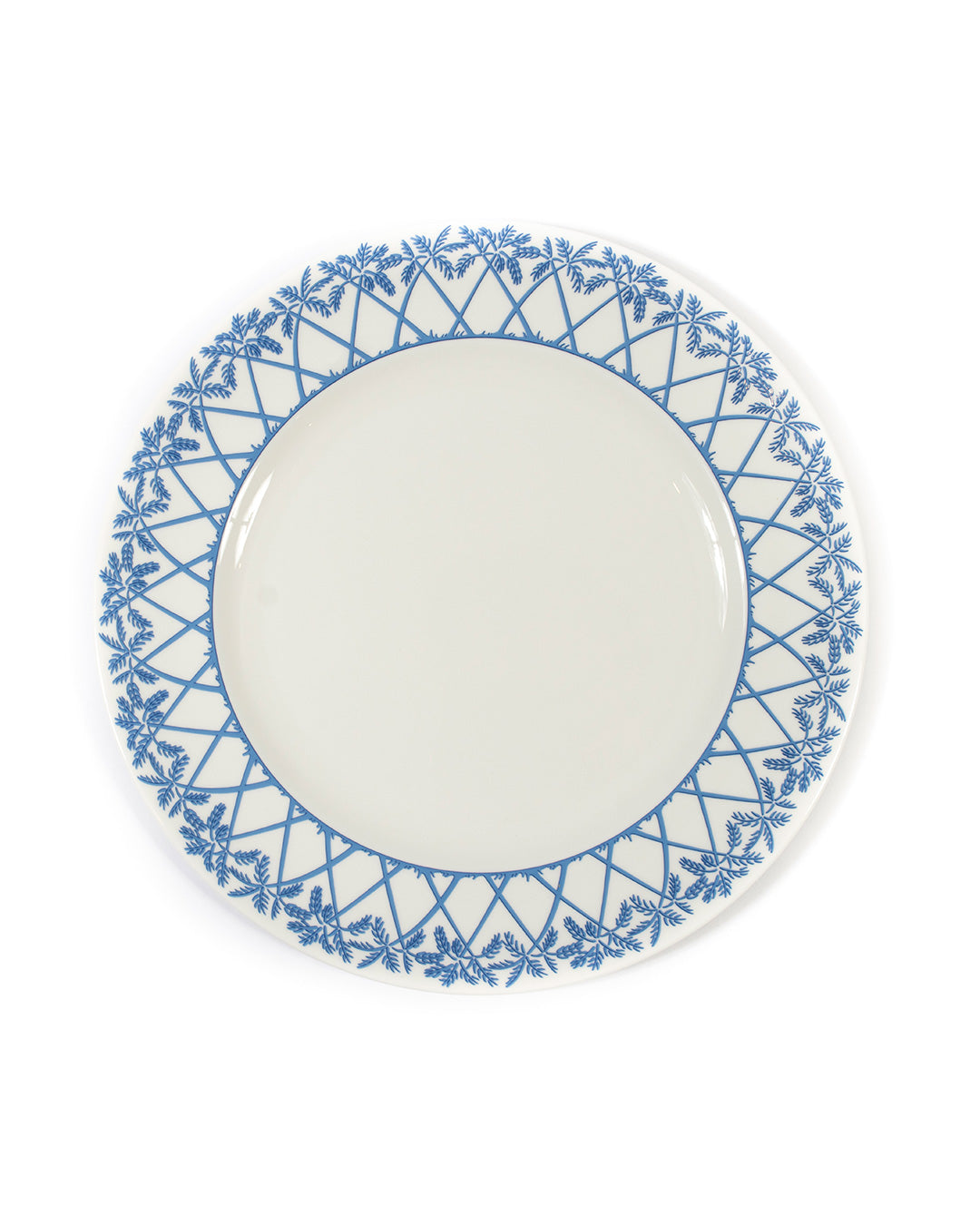 Fine bone china dinner plate in Palms Azure Blue design by Lotty B for Pink House Mustique, handmade in England.
