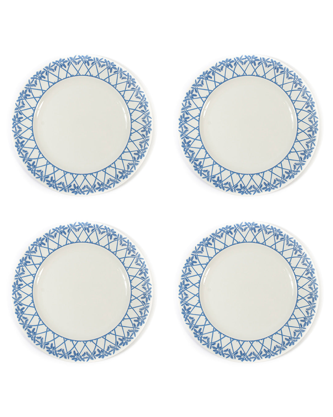 Set of 4 fine bone china dinner plates in Palms Azure Blue pattern by Pink House Mustique.