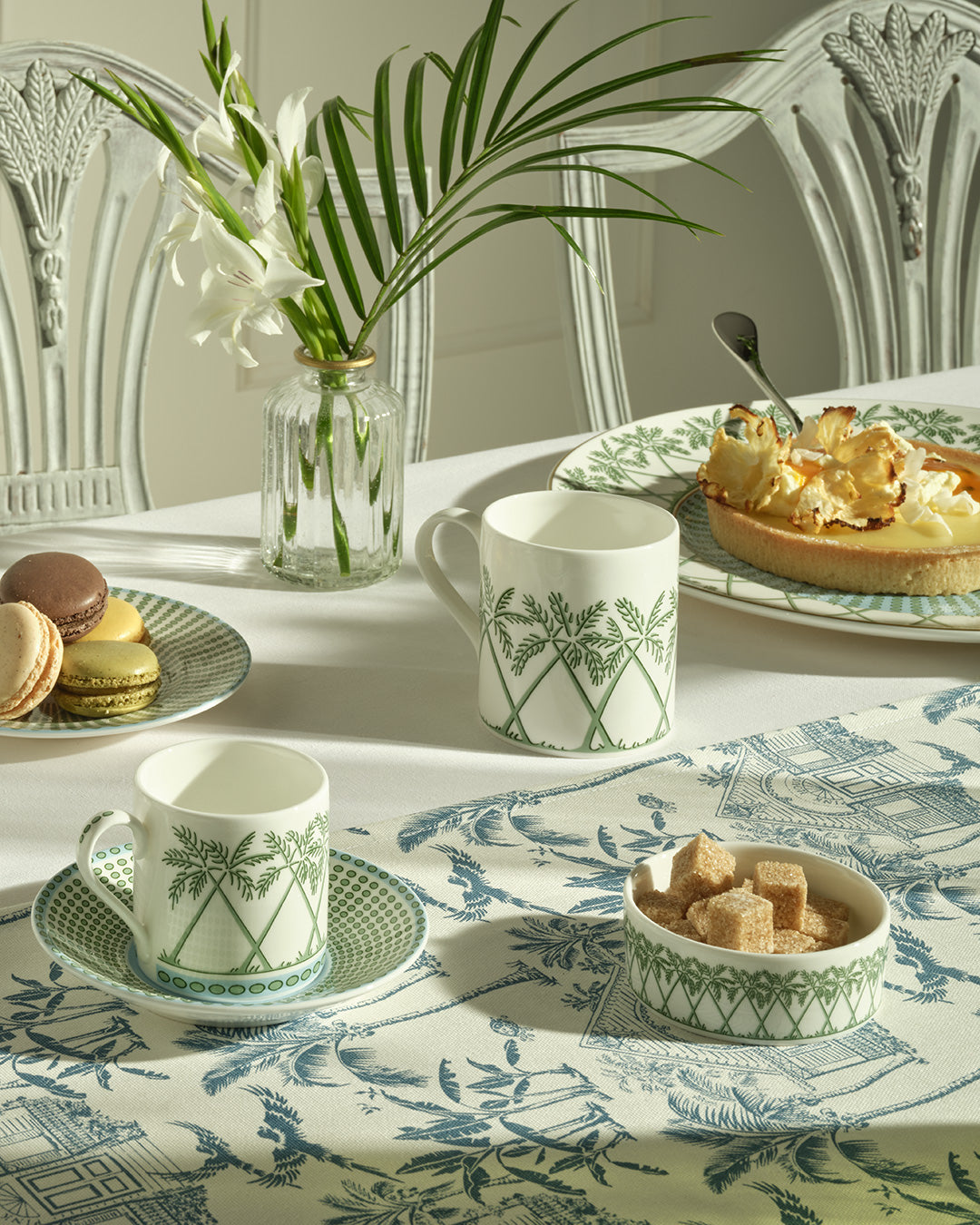 Fine bone china espresso cup, saucer, small mug and sugar dish in Palms Sage Green by Lotty B Mustique, tropical tea set.