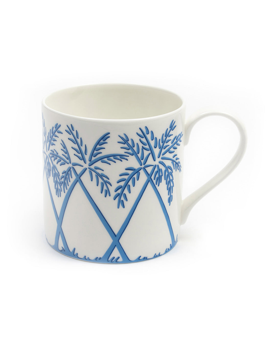 Fine bone porcelain china mug in Palms Azure Blue design by Lotty B Mustique – luxury island-inspired tableware