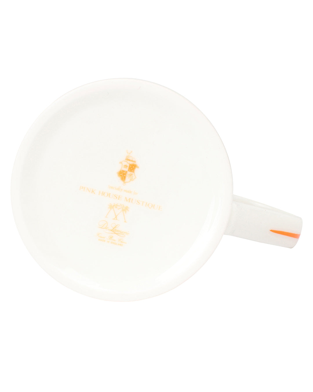 Fine bone china orange Seastar mug base with Pink House Mustique and Lotty B branding, made in England.