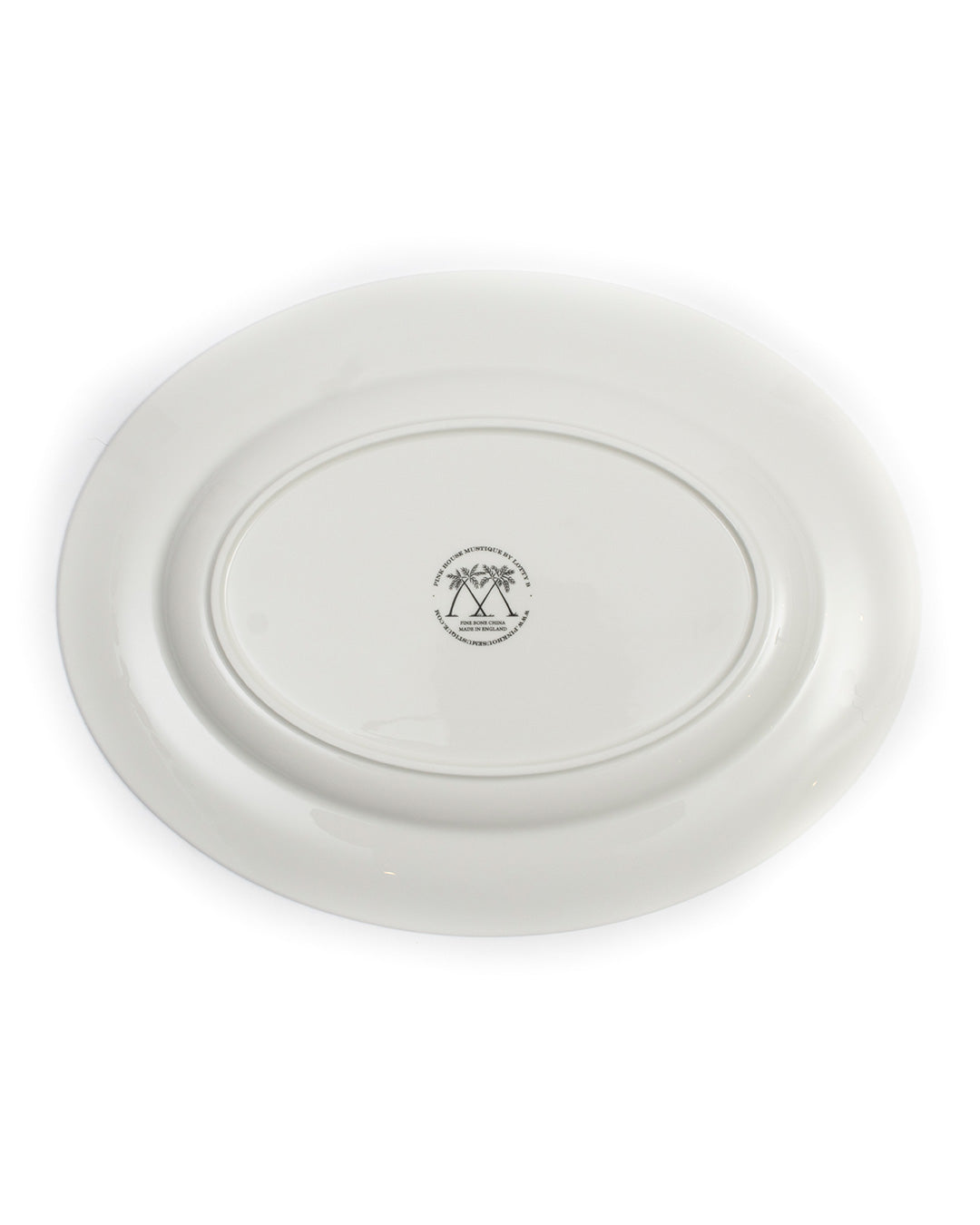 Backstamp of fine bone china oval serving platter Palms Azure blue design by Lotty B Mustique, Pink House branding