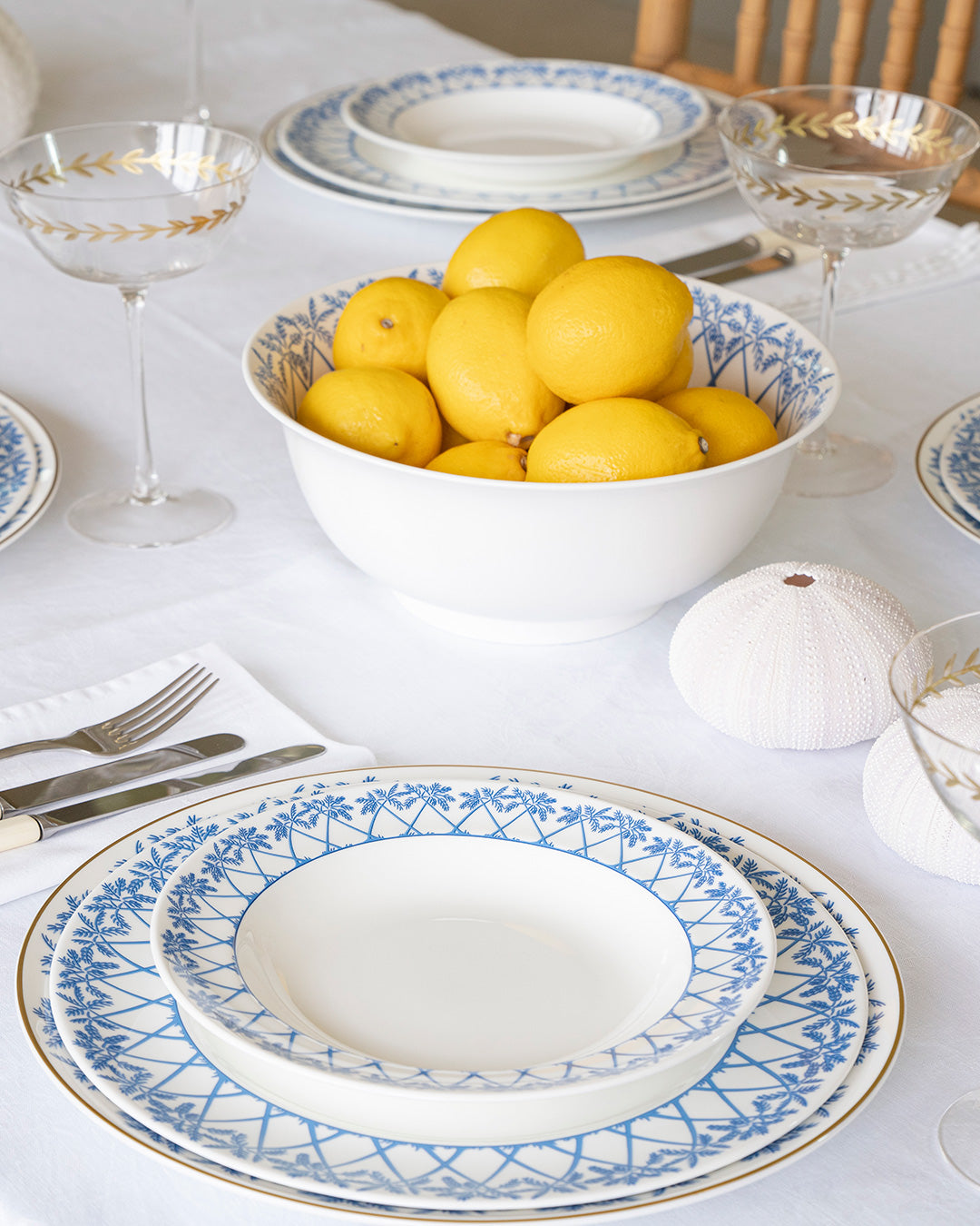 Setting the table in style with fine bone china large serving bowl in blue Palms design by Lotty B