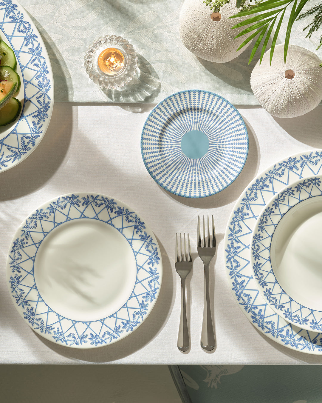Fine bone china Palms Azure Blue side and salad plate — elegant coastal place setting for island-inspired dining.