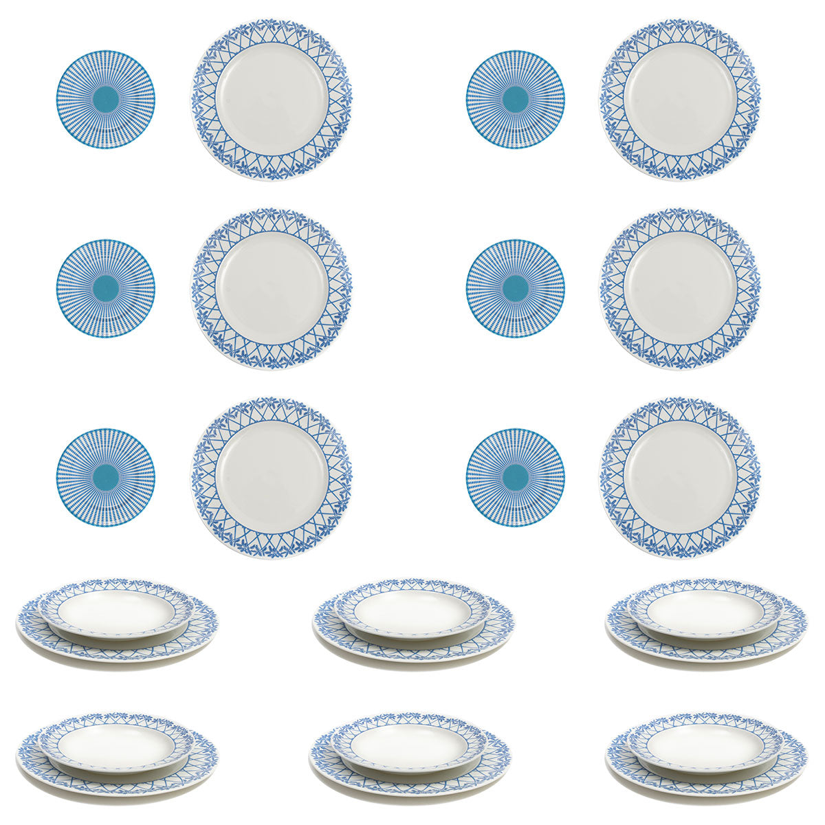 Fine bone china set of 24 plates and bowls in Palms blue design by Lotty B Mustique