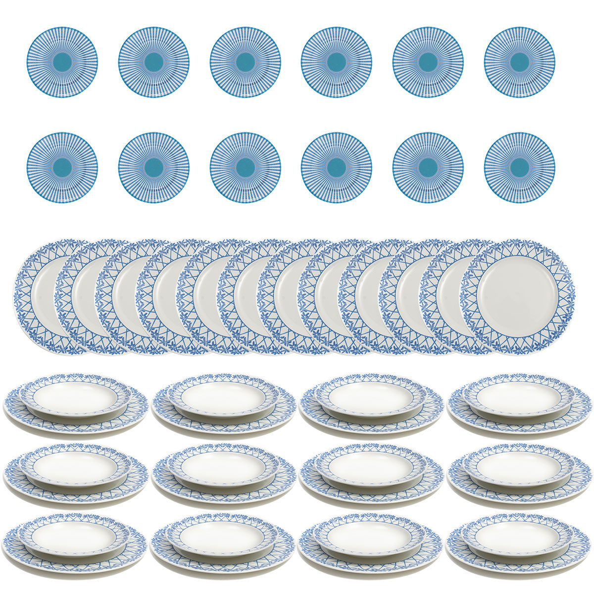 Fine bone china set of 48 plates and bowls in Palms blue design by Lotty B Mustique