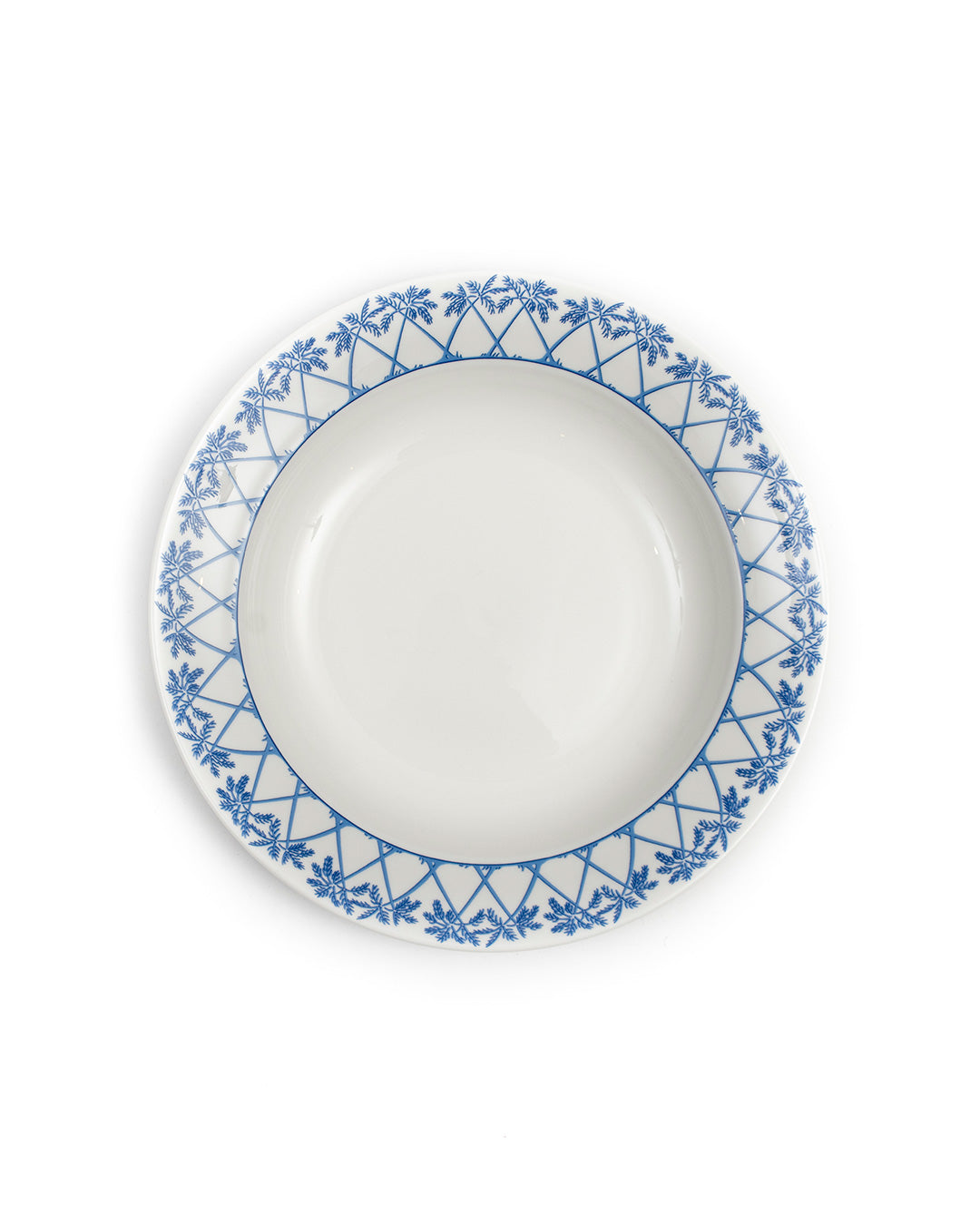 Fine bone china rimmed bowl in Palms Azure Blue design by Lotty B for Pink House Mustique.