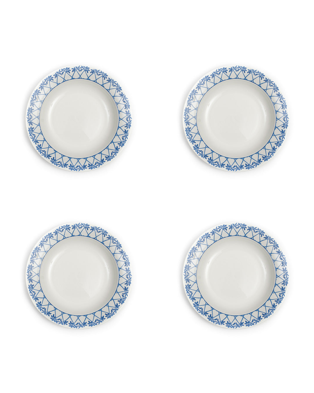 Set of 4 fine bone china rimmed bowls in Palms Azure Blue design by Lotty B for Pink House Mustique.