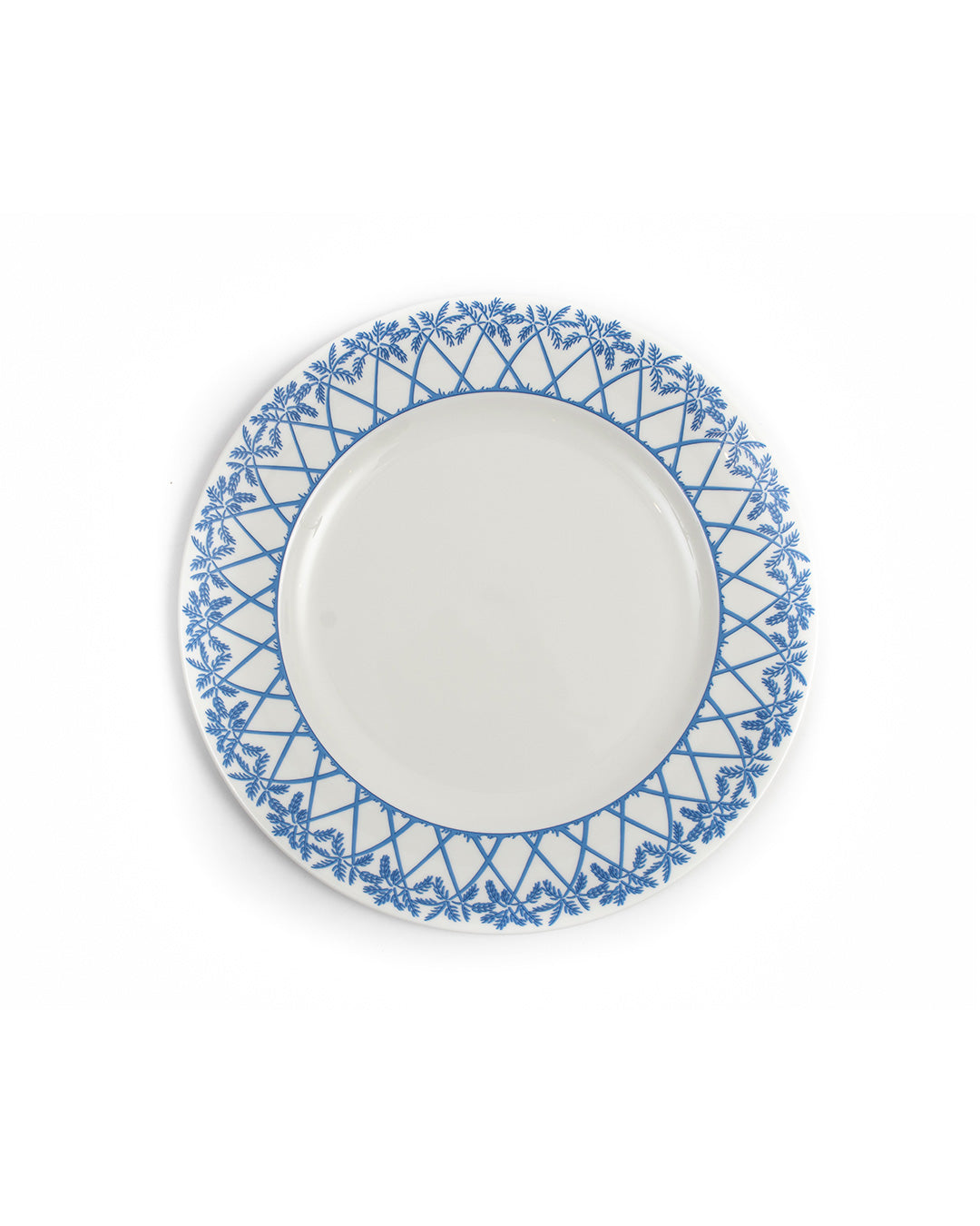 Fine bone china salad plate in Palms Azure Blue pattern by Pink House Mustique, luxury British-made tableware.