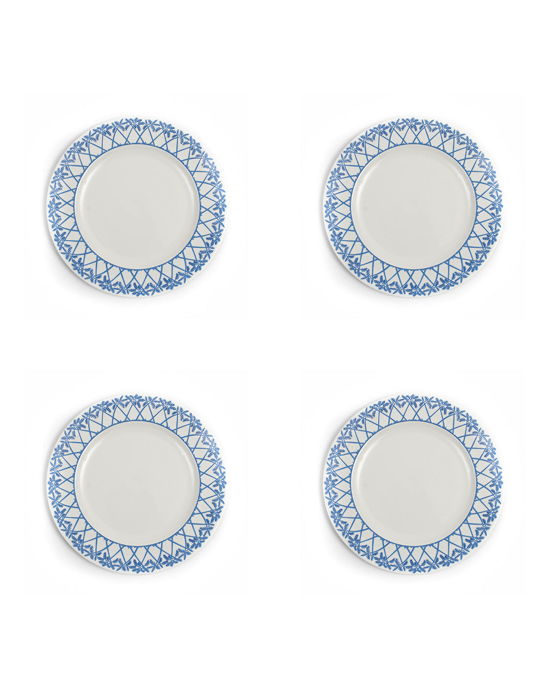Set of 4 fine bone china salad plates in Palms Azure Blue design by Lotty B for Pink House Mustique.
