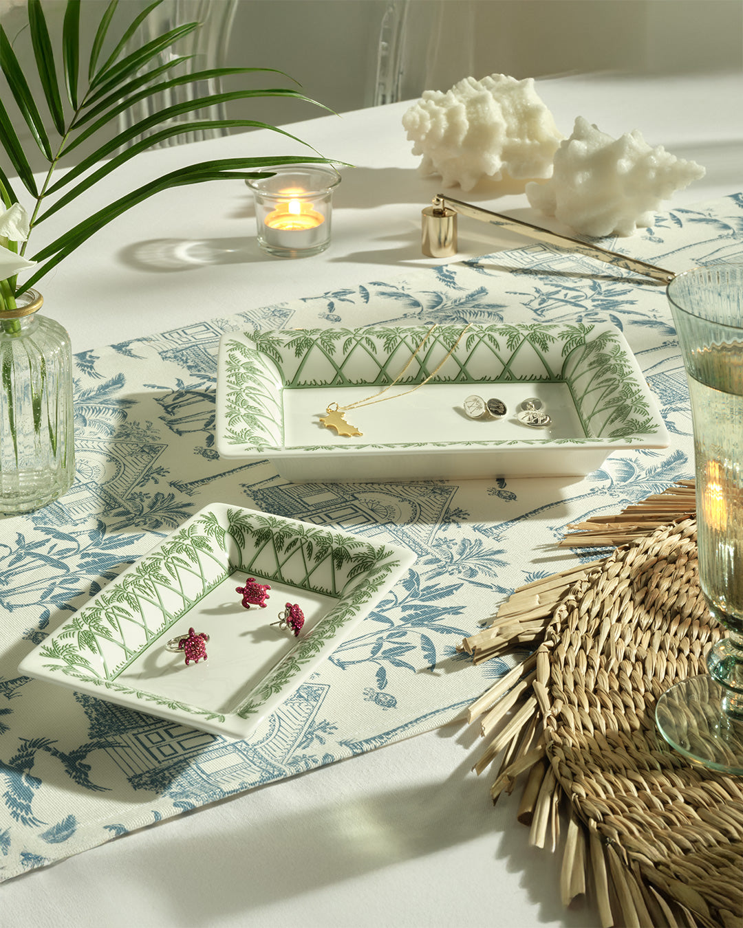 Luxury fine bone china Palms Sage Green trinket trays — perfect for holding rings, soap, or cotton pads.