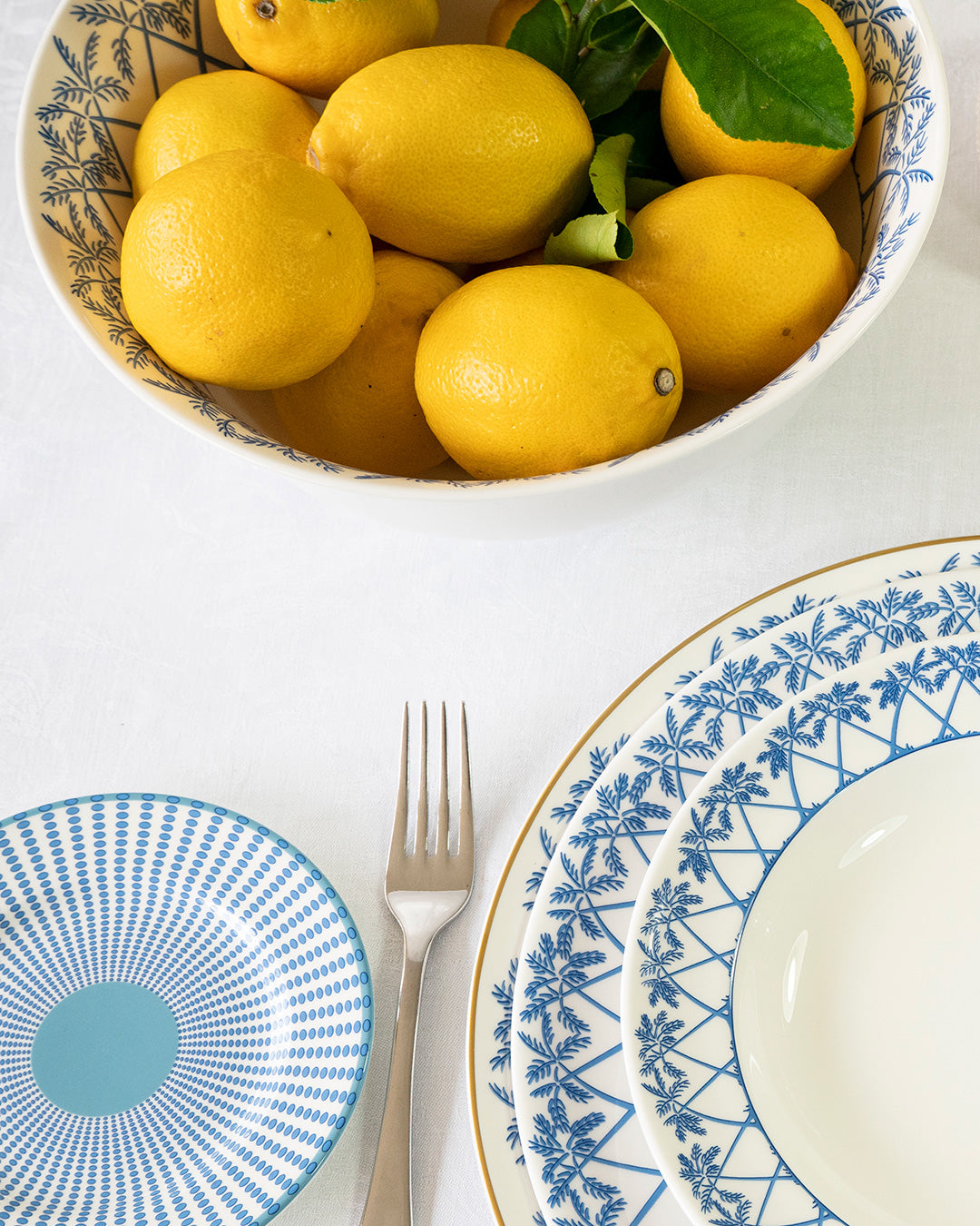 Summer tablescapes with fine bone china large serving bowl in blue Palms design by Lotty B