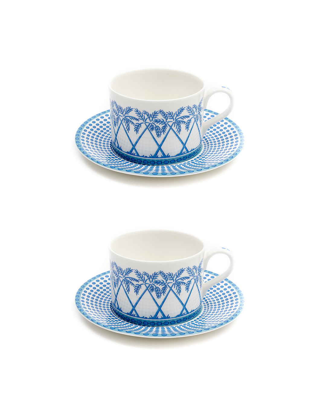 Fine bone china set of 2 cups and saucers in Palms Azure Blue design by Pink House Mustique, handmade in England.