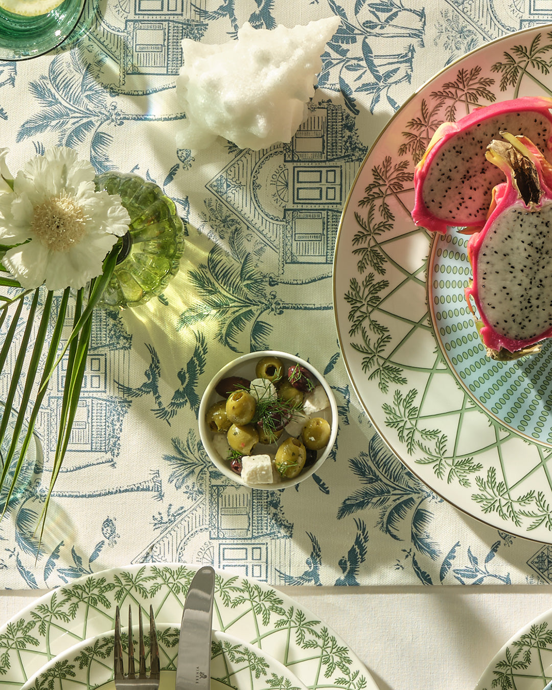Fine bone china small dish in Palms Sage Green design, versatile for serving olives, snacks or dips, Pink House Mustique.