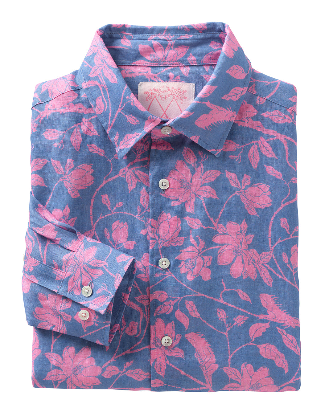 Men's linen shirt in blue with pink Magnolia Iguana print by Pink House Mustique – luxury Caribbean resortwear