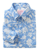 Blue men's linen shirt with white Magnolia Iguana print – lightweight tropical shirt by Pink House Mustique