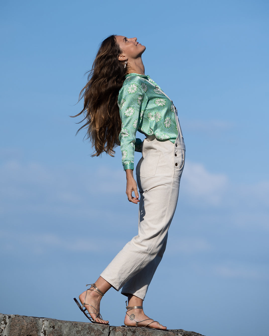 Luxury holiday fashion - pure silk shirt in green sand dollar print by Lotty B Mustique