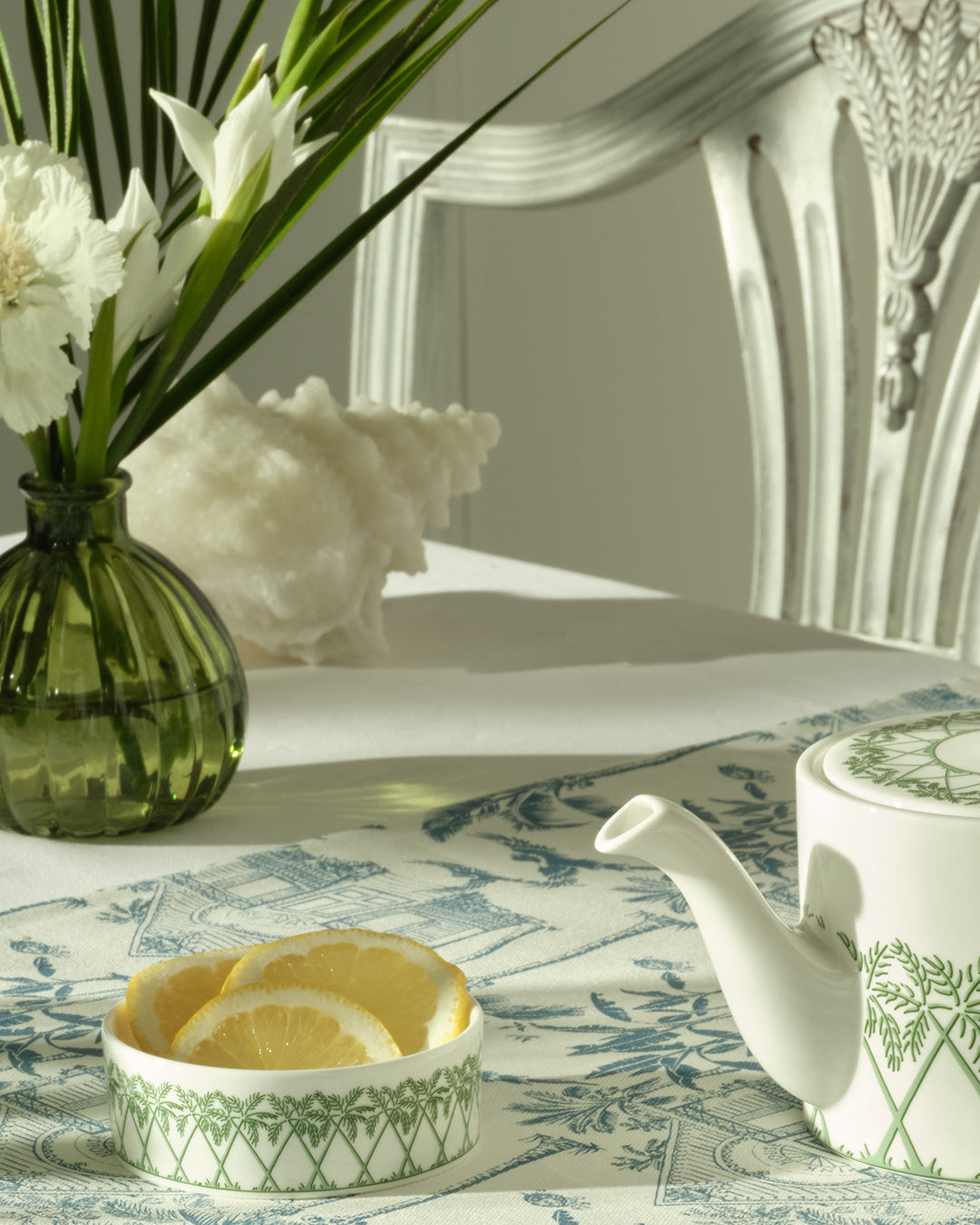 Fine bone china small dish in Palms Sage Green, perfect for serving lemon slices or condiments, by Pink House Mustique.