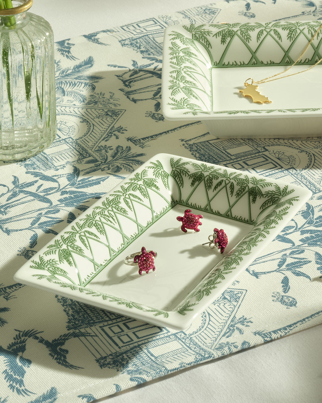 Tropical island-style fine bone china trinket trays in Palms Sage Green — versatile for jewellery, ashtray, or bathroom use.