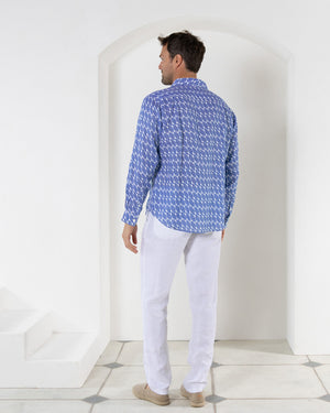 Casual fit men's linen beach shirt in blue Striped Shell print designer Lotty B Mustique