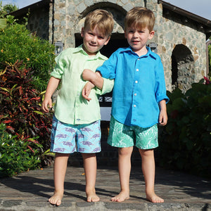 Hypoallergenic kid's clothing turquoise blue linen shirt, Coccoloba Mustique