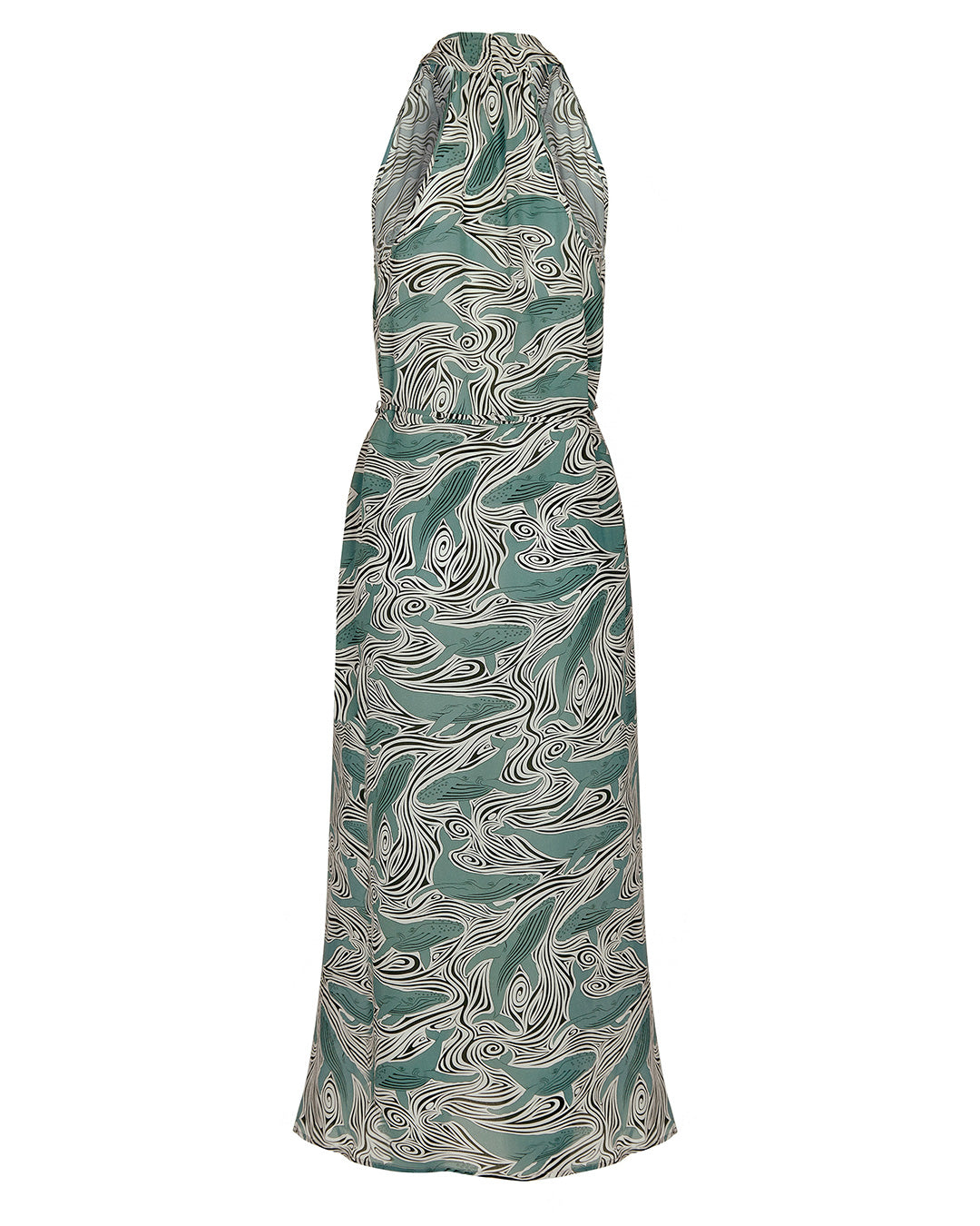 Back view of Jemima halter neck silk dress in monochrome Whale print by Lotty B Pink House Mustique