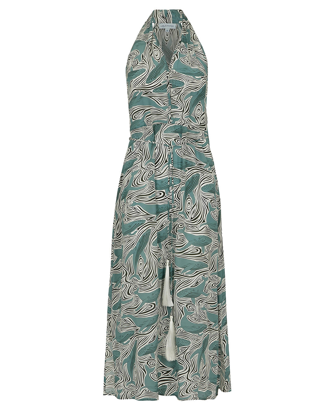 Jemima halter neck silk dress in monochrome Whale print by Lotty B Pink House Mustique