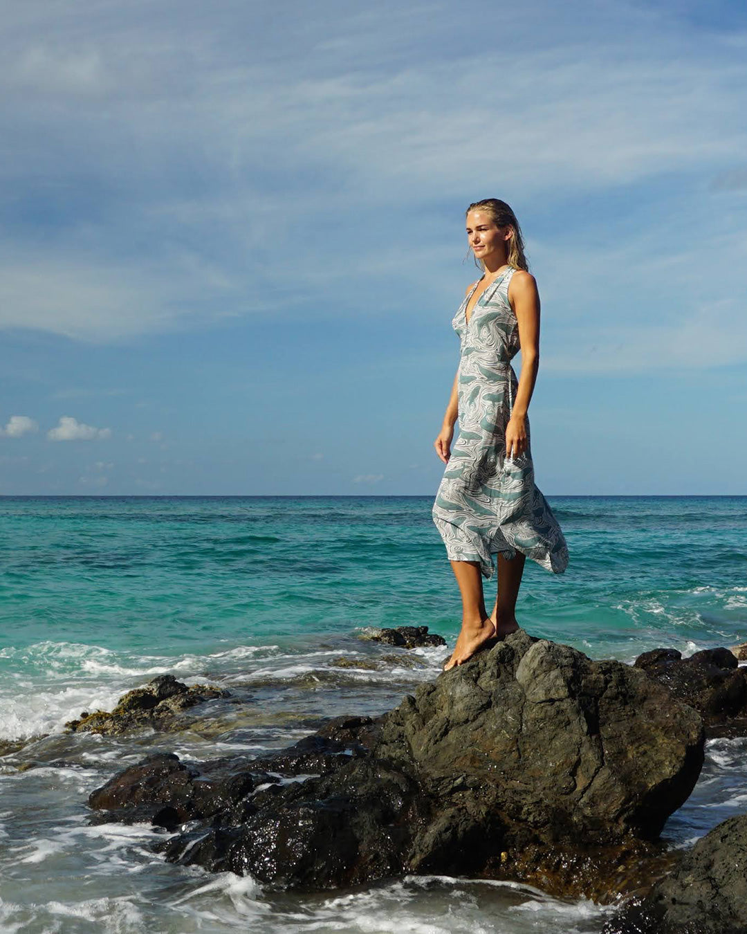 Whale Monochrome Jemima silk halterneck dress worn by the sea in Mustique