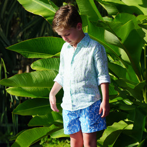 Children's tropical holiday style linen shirt in green and pale blue fern print