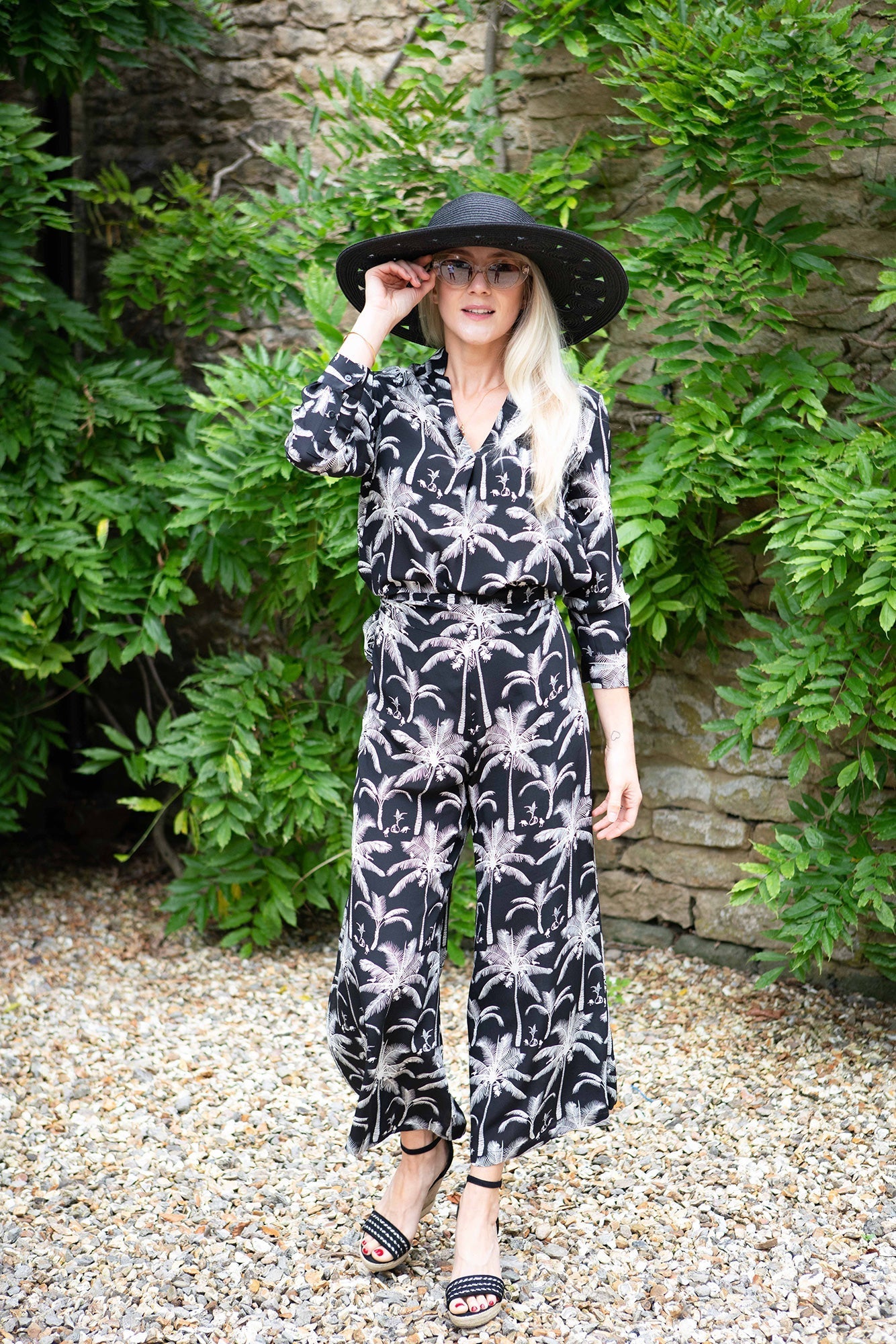 Wedding style silk Gabija pants black and white plantation palm print by Lotty B