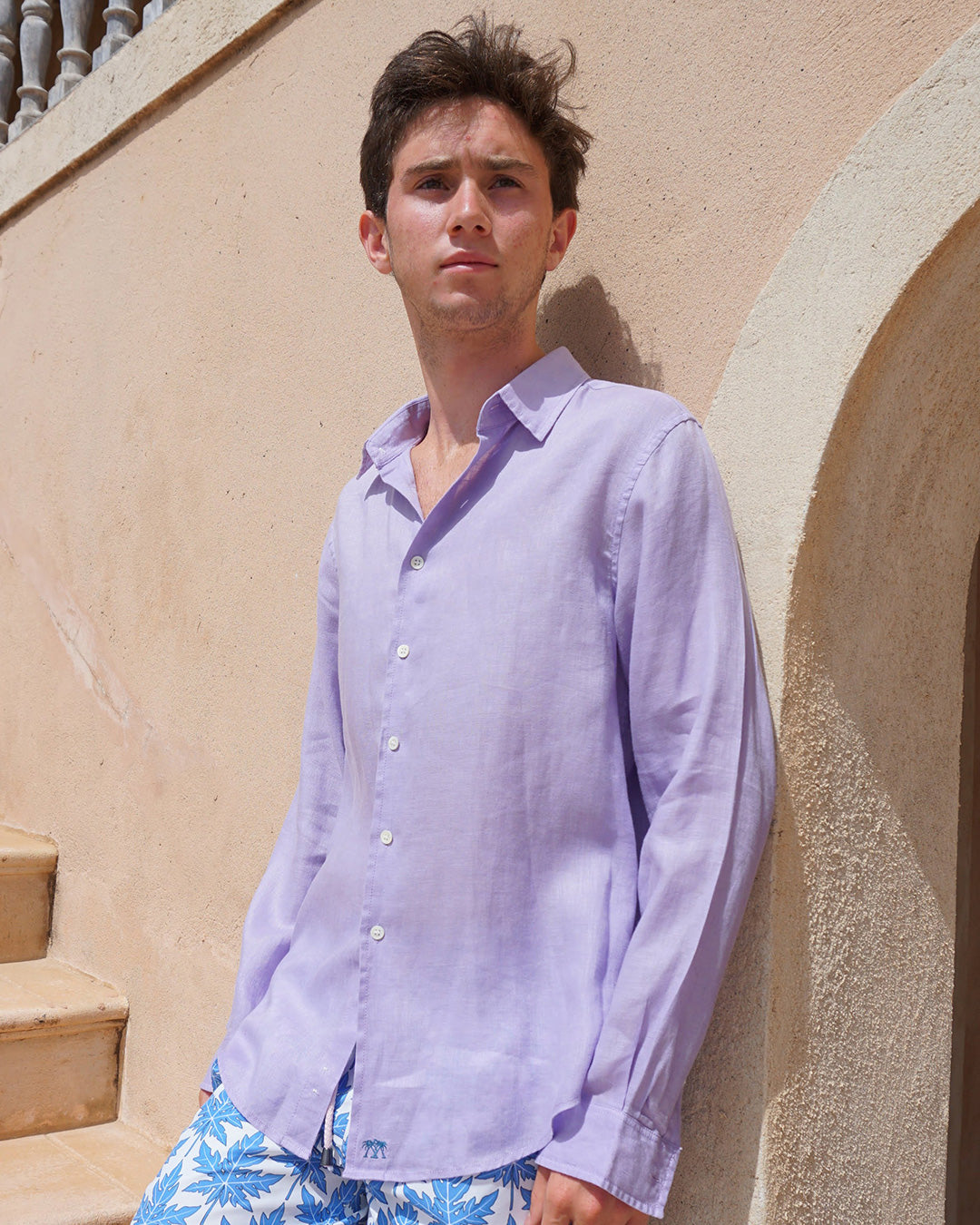 Men's plain violet linen shirt styled with blue papaya print swim shorts – lightweight breathable holiday shirt from Pink House Mustique by Lotty B.