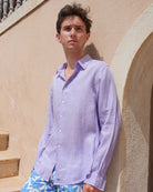 Men's plain violet linen shirt styled with blue papaya print swim shorts – lightweight breathable holiday shirt from Pink House Mustique by Lotty B.