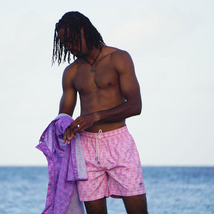 Men's quick dry swim shorts in pink Shelltop print recycled fabric